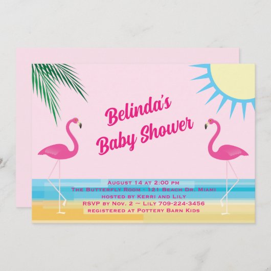 Rosa Tropical Beach Baby Dusche Einladung (Vorne/Hinten)