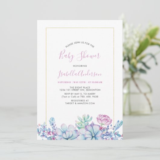 Rosa | Tropical Succulents Summer Baby Shower Einladung (Stehend Vorderseite)