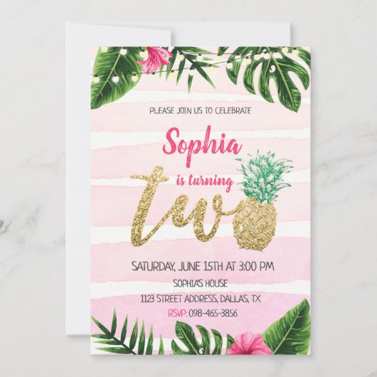 Rosa tropische Aloha zwei Geburtstage Einladung (Vorderseite)