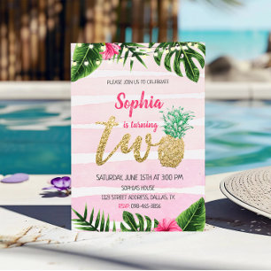 Rosa tropische Aloha zwei Geburtstage Einladung