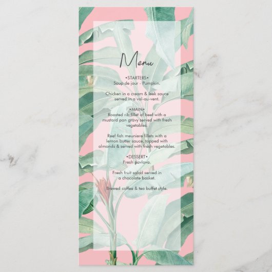 Rosa tropische Bananenpalme Blätter Hochzeit Menükarte (Vorderseite)