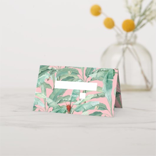 Rosa tropische Bananenpalme Blätter Hochzeit Platzkarte (Vorderseite)