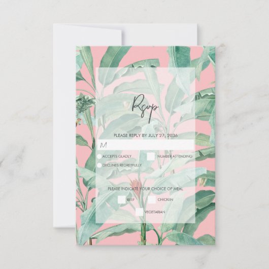 Rosa tropische Bananenpalme Blätter Hochzeit RSVP Karte (Vorderseite)