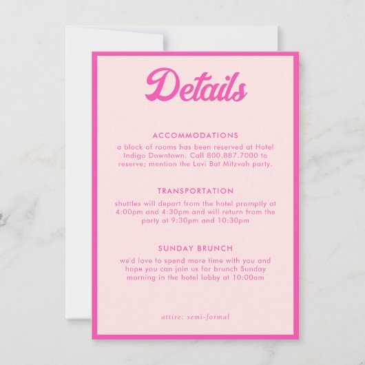 Rosa Tropische Bat Mitzvah Details Karte (Vorderseite)