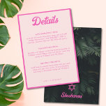 Rosa Tropische Bat Mitzvah Details Karte<br><div class="desc">Teilen Sie Ihre Veranstaltungsdetails stilvoll mit diesen neontropisch rosa Bat Mitzvah Detail-Gehäuse Karten. Das Design besteht aus grünen Blätter und rosa personalisierten Texten,  um die Details Ihres Events zu teilen. Geben Sie das Zazzle Design Tool ein,  um zusätzliche Anpassungen am Text vorzunehmen.</div>