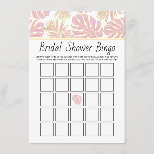 Rosa tropische Blätter Brautparty Bingo-Spielkarte Begleitkarte (Vorderseite)
