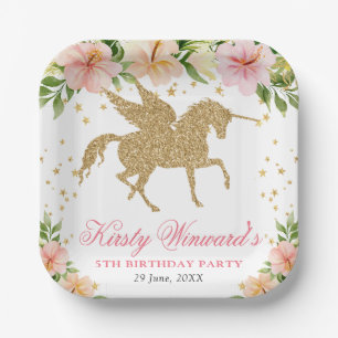 Rosa tropische Blume Gold Einhorn Geburtstagsparty Pappteller