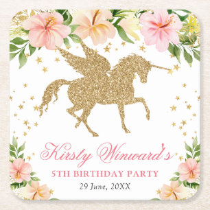 Rosa tropische Blume Gold Einhorn Geburtstagsparty Rechteckiger Pappuntersetzer