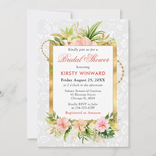 Rosa tropische Blume Gold Foil Brautparty Einladung (Vorderseite)