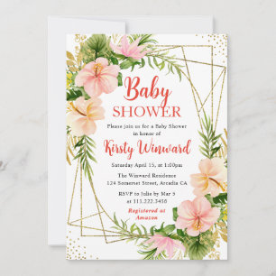 Rosa tropische Blumen und goldener Rahmen Baby Sho Einladung