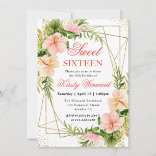 Rosa tropische Blumen und Goldrahmen Sweet 16 Einladung