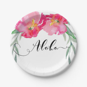 Rosa Tropische Grüne Blatt Rebe Florale Aloha Part Pappteller