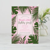 Rosa tropische grüne Blätter Sommergeburtstag Part Einladung (Stehend Vorderseite)