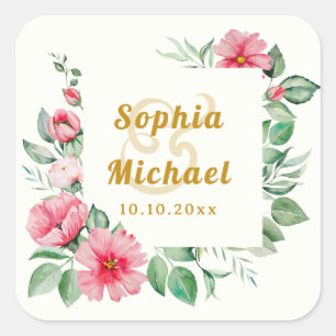 Rosa tropische Hibiskusblüten und üppiges Grün Quadratischer Aufkleber