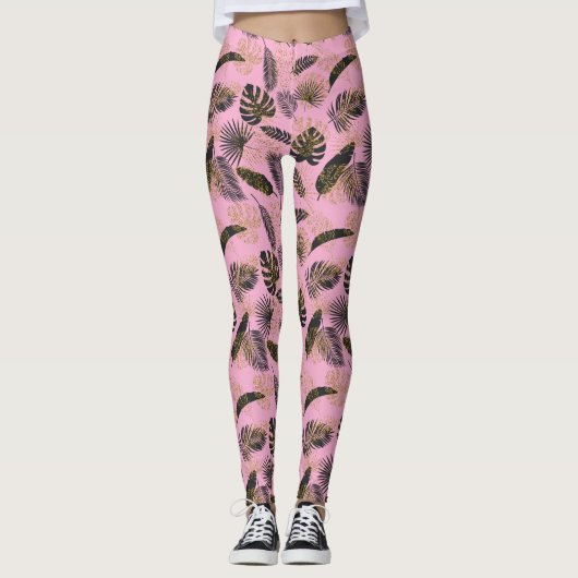 Rosa tropische Palme-Blätter Leggings (Vorderseite)