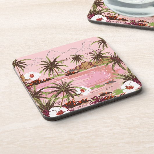 Rosa tropische Palmen und Pflanze aus Kunststoff Getränkeuntersetzer (Linke Seite)