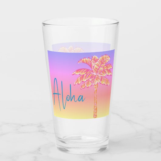 Rosa tropische Sonnenuntergang Palme Tree Aloha Glas (Rückseite)