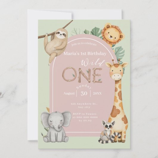 Rosa tropische Wildtiere Einladung (Vorderseite)