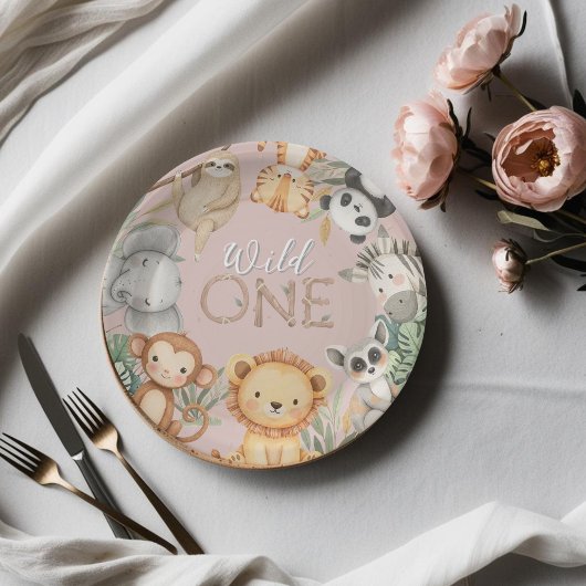 Rosa tropische Wildtiere Pappteller