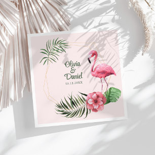 Rosa Tropischer Flamingo Goldener Rahmen Hochzeit Serviette