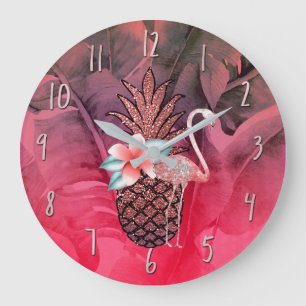 Rosa tropischer Glitter-Ananas-Palmenblätter Chic Große Wanduhr