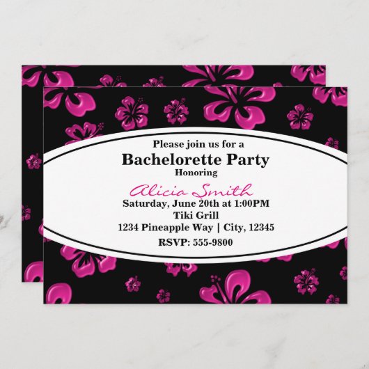 Rosa tropischer Hibiskus Bläserschwarze Einladung (Vorne/Hinten)