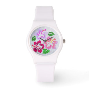 Rosa Tropischer Hibiskus Blume Peach Lavendel Armbanduhr