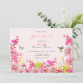 Rosa tropischer Vogel mit floraler Wasserfarbe Einladung (Stehend Vorderseite)