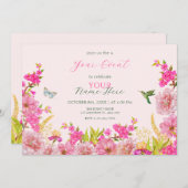 Rosa tropischer Vogel mit floraler Wasserfarbe Einladung (Vorne/Hinten)