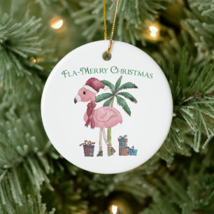 Rosa tropischer Weihnachtsflamingo Keramik Ornament