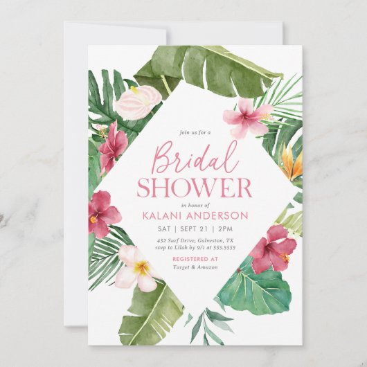 Rosa tropisches Brautparty Einladung (Vorderseite)