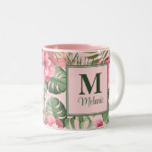 Rosa tropisches Monstera und Flamingo Monogram Zweifarbige Tasse (VorderseiteRechts)