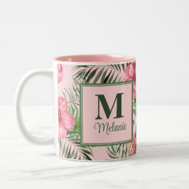 Rosa tropisches Monstera und Flamingo Monogram Zweifarbige Tasse