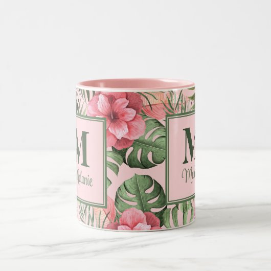 Rosa tropisches Monstera und Flamingo Monogram Zweifarbige Tasse (Mittel)
