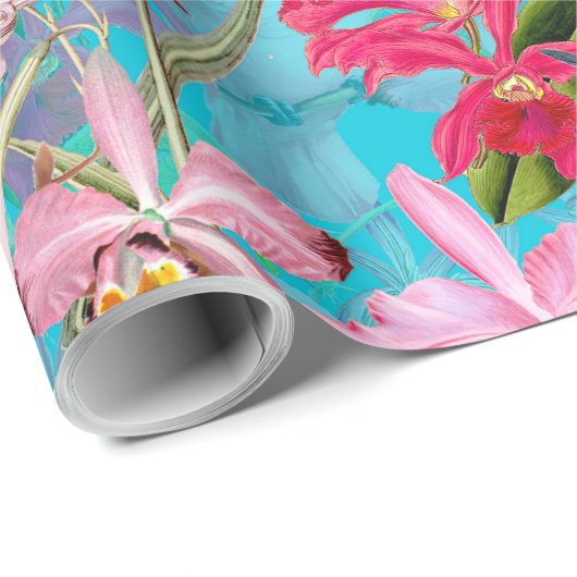 Rosa tropisches Vogel-und Orchideen-Blumen-Muster Geschenkpapier (Rolleneckpunkt)