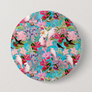 Rosa tropisches Vogel- und Orchideenblumenmuster Button
