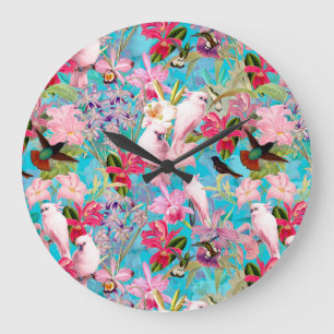 Rosa tropisches Vogel- und Orchideenblumenmuster Große Wanduhr