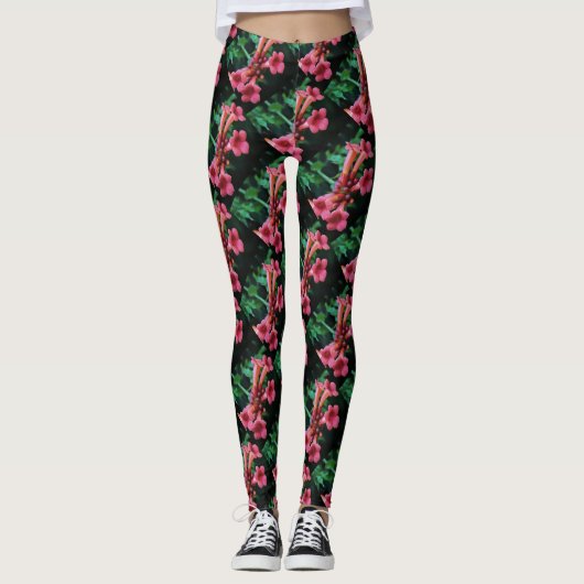 Rosa Trumpet Honeysuckle Botanische Kunst Leggings (Vorderseite)