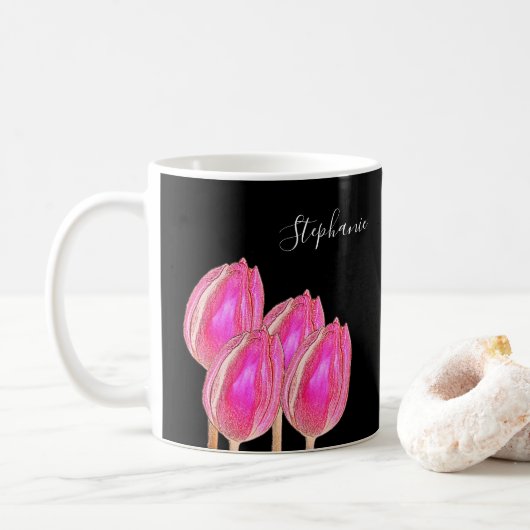 Rosa Tulip Floral Monogramm Name Schwarz benutzerd Kaffeetasse (Mit Donut)