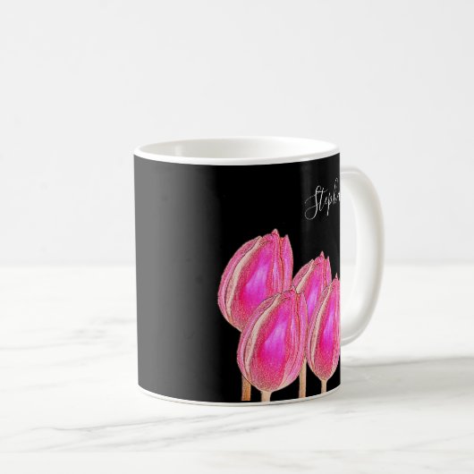 Rosa Tulip Floral Monogramm Name Schwarz benutzerd Kaffeetasse (VorderseiteRechts)