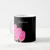 Rosa Tulip Floral Monogramm Name Schwarz benutzerd Kaffeetasse (Vorderseite Links)