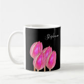 Rosa Tulip Floral Monogramm Name Schwarz benutzerd Kaffeetasse (Links)