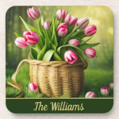 Rosa Tulips im Korb Getränkeuntersetzer (Vorderseite)