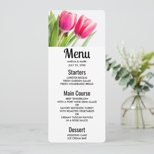 Rosa Tulips mit grünem Blätter Foto Einladung (Stehend Vorderseite)