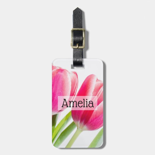Rosa Tulips mit grünem Blätter Foto Gepäckanhänger (Vorderseite vertikal)