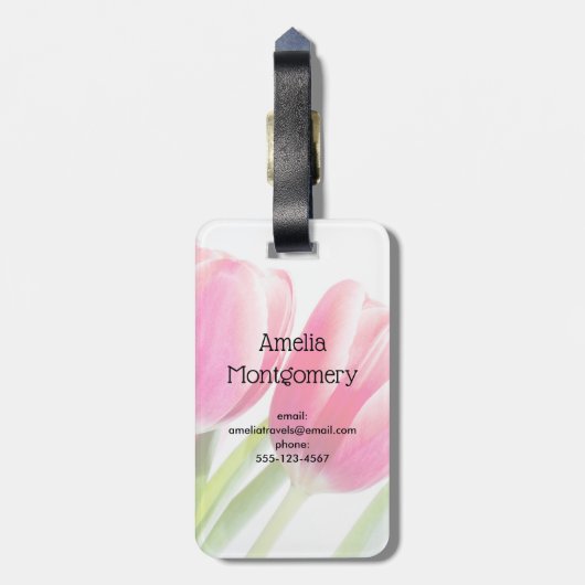 Rosa Tulips mit grünem Blätter Foto Gepäckanhänger (Rückseite vertikal)