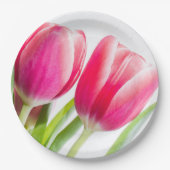 Rosa Tulips mit grünem Blätter Foto Pappteller (Vorderseite)