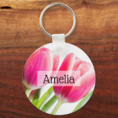 Rosa Tulips mit grünem Blätter Foto Schlüsselanhänger (Rückseite)