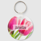 Rosa Tulips mit grünem Blätter Foto Schlüsselanhänger (Rückseite)