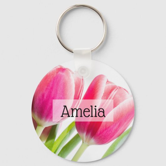 Rosa Tulips mit grünem Blätter Foto Schlüsselanhänger (Rückseite)